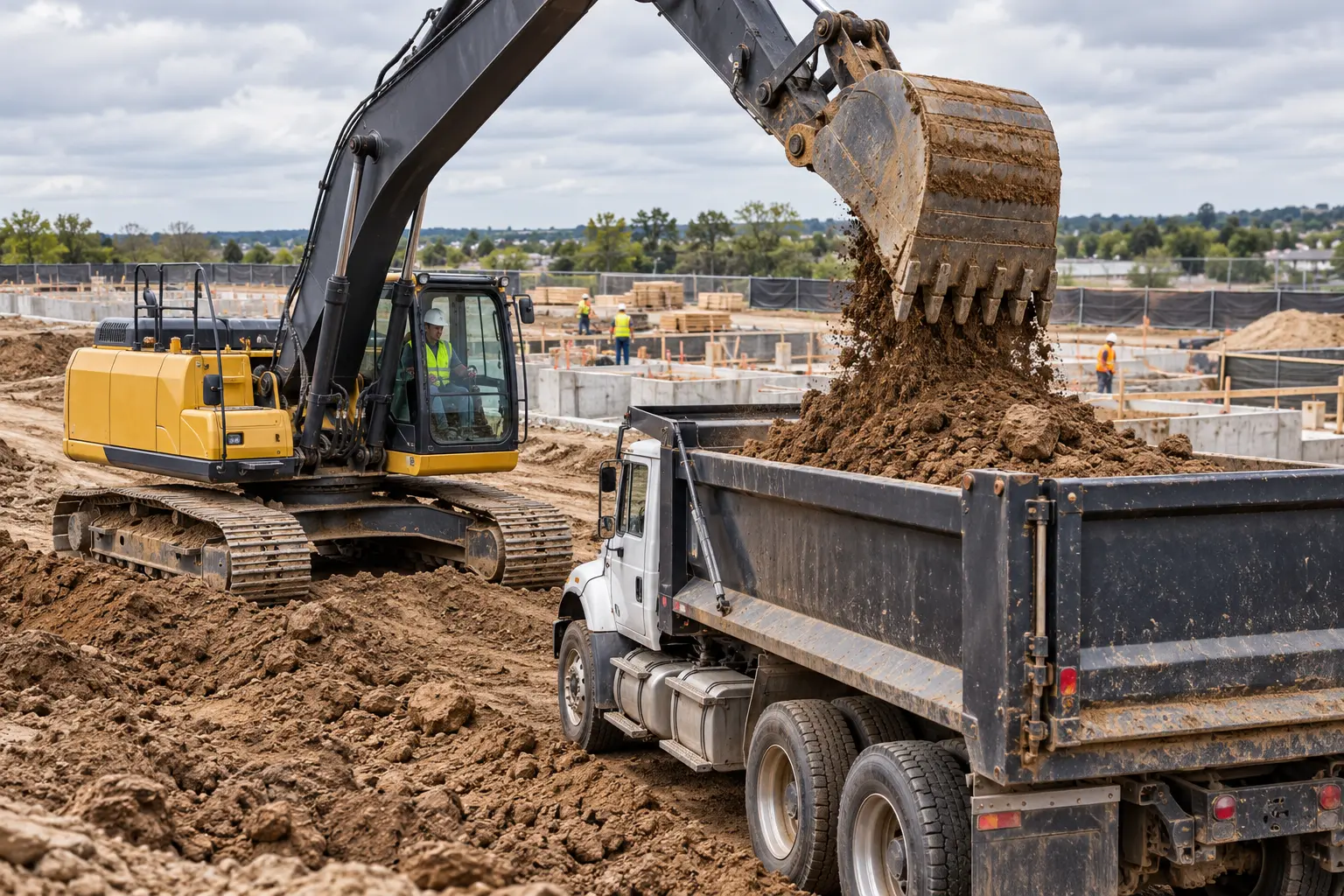 Excavator loading clean soil into a dump truck at a construction site