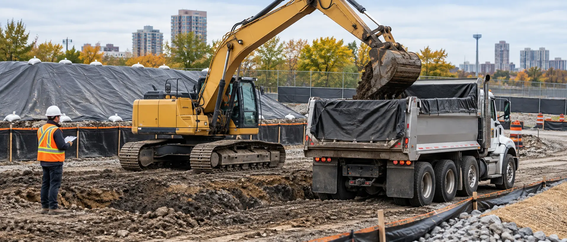 Excavator loading soil into a lined dump truck at a controlled construction site